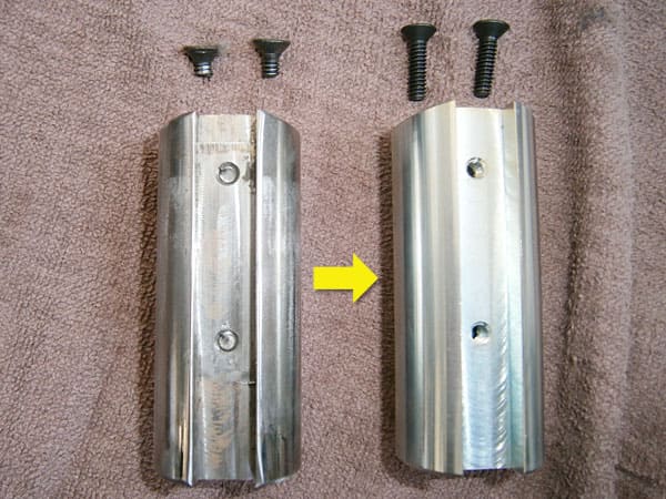 破損したドロップラッチボルト（左側）と交換用ドロップラッチボルト（右側）